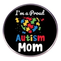 Detail view of Proud Autism Mom badge with colorful puzzle heart on black background - Style 5 (Proud Mom)