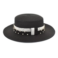 Detail of black straw boater hat with pearl and rhinestone embellishments on ribbon - Black
