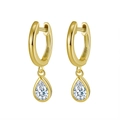 Elegant gold-plated S925 silver hoop earrings featuring pear-cut cubic zirconia stones - Gold Teardrop Pendant Style (定-APE50-14K)