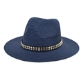 Close-up of navy blue straw fedora hat featuring a black leather band with metal studs - M (56-58cm) / Navy Blue