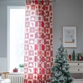 Red and white plaid Christmas curtain featuring snowflakes, trees and white tassel trim - Button Pattern Grommet / 150x45cm