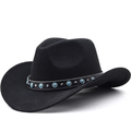 Sombrero vaquero negro de fieltro con banda de cuero turquesa y tachuelas de plata - M(56-58CM) Ajustable / Negro
