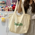 Borsa tote in tela bianco avorio con scritte Wallidb verdi e manici lunghi a tracolla - Bianco Sporco