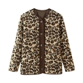 Women's leopard print faux shearling jacket with brown corduroy trim and button pockets - S / Leopard Print