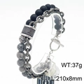Double-layer men's bracelet with black onyx, tiger eye beads and silver metal chain - Matte Black & Marble Pattern Style (KB182650-TLX)