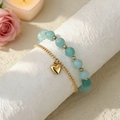 Couples double-layer bracelet featuring light blue beads and a gold heart pendant - Sky Blue Bead Chain & Gold Thin Chain - Heart Pendant