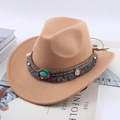 Camel western cowboy hat with bohemian beaded band and turquoise stone details - Ethnic Style / Camel