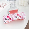 Pink heart patterned hair claw clip with Kiss Me lettering and elegant red lip design - Romantic Vibe - Rectangle