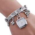 Silver bracelet watch for women featuring LOVE heart and clover charms with square dial - Silver Letter Heart Charm Bracelet Watch (102)