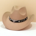 Khaki wool felt western cowboy hat with silver bull head buckle and leather band - M (56-58cm) / Camel (Black Bull Head Band)