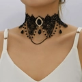 Gothic dark style layered black lace choker necklace with crystal teardrop pendant - Black