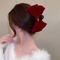 Elegant red velvet bow hair claw clip with gold metal logo for women hairstyle - Red Velvet With Logo Style / Red Double-Sided Bow Hair Claw