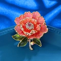 Exquisite pink enamel peony flower brooch with sparkling rhinestones and golden stem - XD824452 Peony Flower