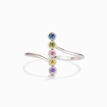 Minimalist open ring with five multi-colored round gemstones and polished silver finish - US 7