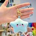 Light blue plush star keychain with embroidered smiling face and golden metal ring - Green Star with Gold Clasp