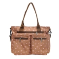 Brown corduroy shoulder bag with floral bow patterns and multiple zipper pockets - Bow Orange