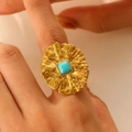 Bohemian gold ring with square turquoise gemstone and hammered texture band - Turquoise Lotus Leaf Style (1827)