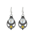Vintage silver earrings with moonstone and yellow crystals in geometric ethnic style - Antique Silver Round Stone Carved (K-1329)