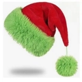 Detail of red plush Christmas hat with vibrant green faux fur trim and fluffy pom-pom - 45*32cm / New Fluorescent Green Edge With Lanyard