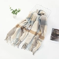 Plaid cashmere-feel scarf in beige, blue, and grey check with elegant tassel edges - Light Blue Khaki Stripe