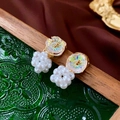 Detailed close-up of floral pearl earrings with iridescent petals on a vintage background - Gold Flower Pearl Drop Earrings (Silver Pin)