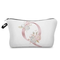 Detailed view of white floral pink letter Q printed cosmetic bag with black zipper closure - Letter Q Style