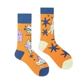 Asymmetric crew socks with orange cat illustrations and navy blue contrast heel and toe - Orange Blue Cat