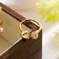 Detailed close-up of a gold-plated open ring featuring a polished ball and zircon-encrusted sphere - Adjustable Open / Gold White Zircon Double Ball Style (13957)