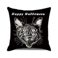 Halloween black square pillowcase featuring a white four-eyed cat sketch and text - Four-eyed Cat Happy Halloween
