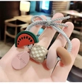Elastic plush hair tie with watermelon charm and checkered beads in light grey color - Light Grey Watermelon Decoration