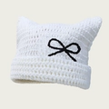 Handmade white crochet cat ear beanie with black bow detail for women's winter fashion - One Size / White with Bowknot