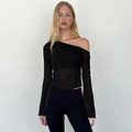 Slim fit black mesh long sleeve top with off-the-shoulder sheer fabric design - XS / Black