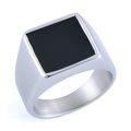 Macro view of signet ring showing square black stone inlay and brushed metal interior - Silver Black Style(17503)