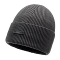 Berretto in maglia grigio scuro unisex con trama a coste e toppa in pelle - Grigio