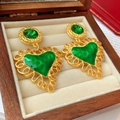 Vintage gold earrings with green heart stones inside a wooden jewelry gift box - 925 Silver Earring Post / Green Circle Heart