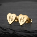 Golden heart-shaped stainless steel stud earring featuring an engraved letter H on rock - Letter H / Gold