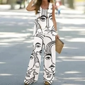 Détail de l'ensemble deux pièces blanc avec imprimé visage abstrait et pantalon large - S / Haut Et Bas / Visage Noir et Blanc