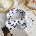 Plush headband with black and white polka dot print for facial cleansing and makeup - White Leopard Print
