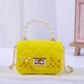 Bright yellow mini jelly crossbody bag with pearl handle and hollow pattern design - Yellow