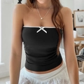 Slim fit black Y2K tube top featuring delicate white lace trim and a small bow detail - S / Black
