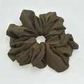 Detail of army green elastic hair scrunchie with soft ruffled chiffon fabric texture - Army Green (3-2)
