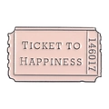Pink enamel ticket brooch with Ticket to Happiness text and black line detailing - Pink Ticket-Ticket To Happiness