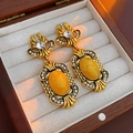 Vintage gold earrings with yellow oval gemstone and crystals in a luxury wooden box - Rhinestone Bead Flower Oval Silver Earring Post Stud Earrings