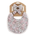 Baby boho bib and headband set in blue floral print with white pom-pom trim and bows - Grey Blue Floral