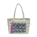 White ita bag with clear window featuring anime badges and ribbon cross lacing - Beige