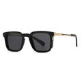 Men's retro square sunglasses with black frame, dark grey lenses and gold accents - Black/Gray Lens/Gold Temple