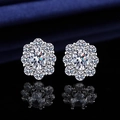 Sparkling silver flower stud earrings with zircons on a dark luxury silk background - White Diamond Oval Flower Earrings Led-140