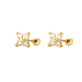 Elegant gold flower stud earrings featuring four clear round zircon petals with screw backs - Threaded Wavy Studs / Gold