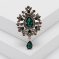 Vintage style emerald green crystal brooch with gray rhinestones in antique gold finish - Green