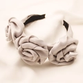 Elegant satin headband with three 3D rose flowers in champagne silk fabric - Gray
